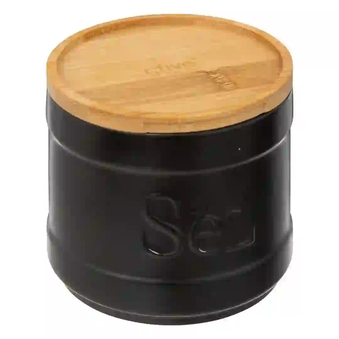5Five Natureo Stoneware & Bamboo Salt Box (10.7 x 10 cm, Black)