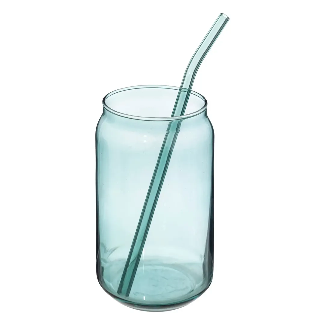 SG Be Vintage Glass Can Tumbler W/Straw (520 ml, Blue)