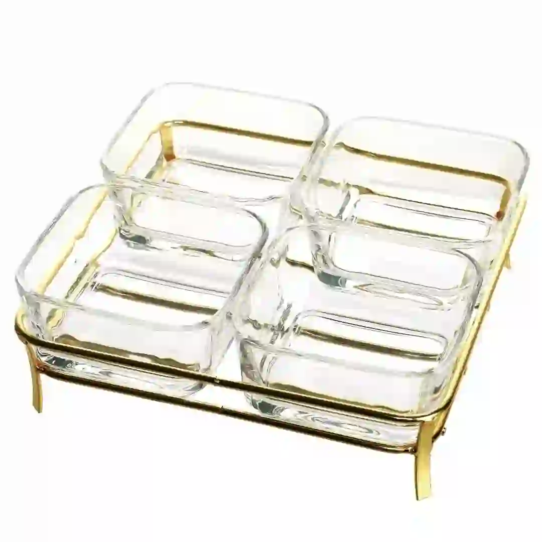 Glass Snack Bowl Set W/Gold Iron Stand (4 Pc.)