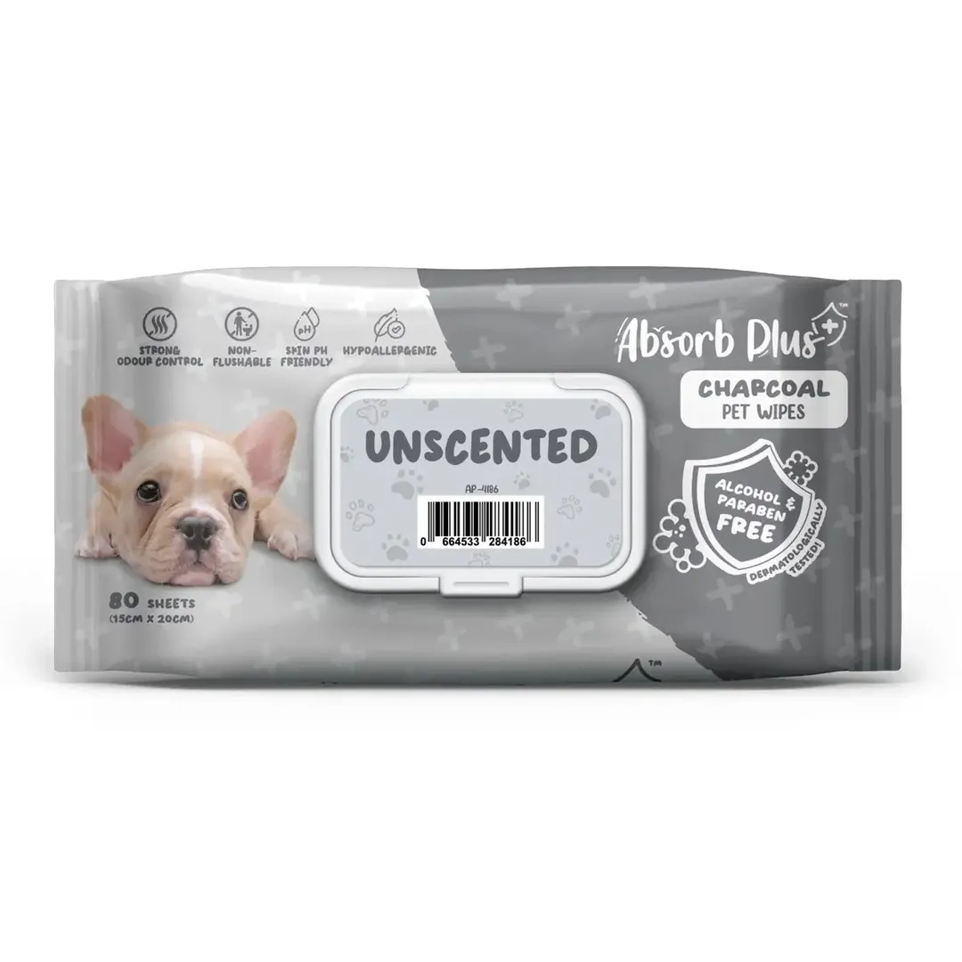 Absorb Plus Charcoal Pet Wipes Pack (Unscented, 80 Pc.)
