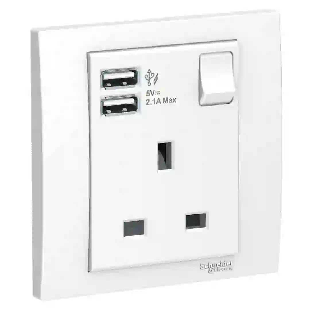 Schneider Electric Vivace 1 Gang Switched Sockets with 2 USB Chargers (8.7 x 8.7 x 4.19 cm)