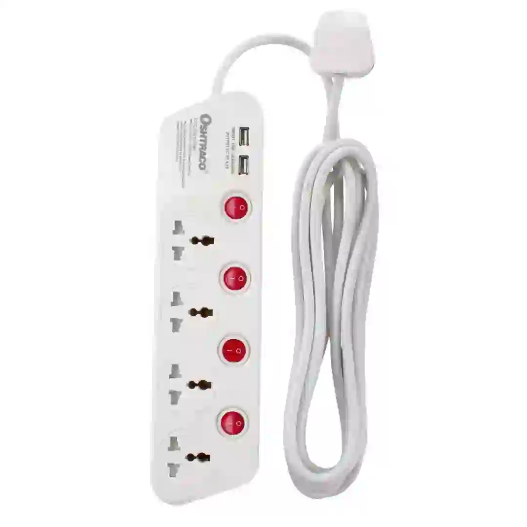 Oshtraco 4-Way Extension Cord W/ 2 USB Ports (4 m)