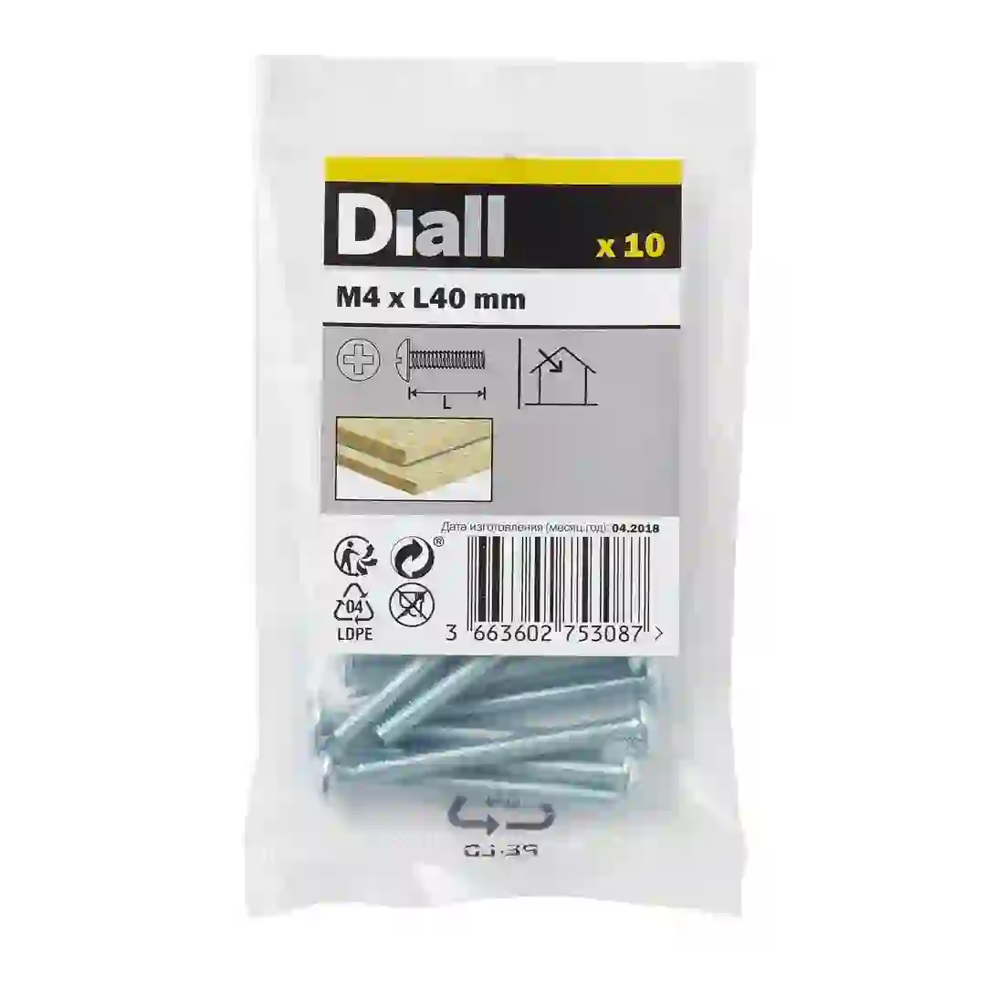 Diall Zinc-Plated Carbon Steel Drawer Knob Screw Pack (M4 x 40 mm, 10 Pc.)
