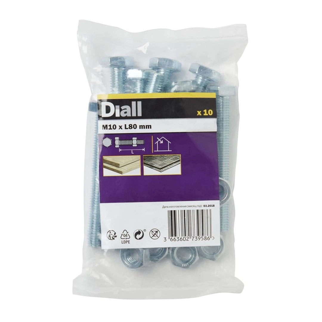 Diall M10 Hex Carbon Steel Bolt & Nut (80 mm, 10 Pc.)