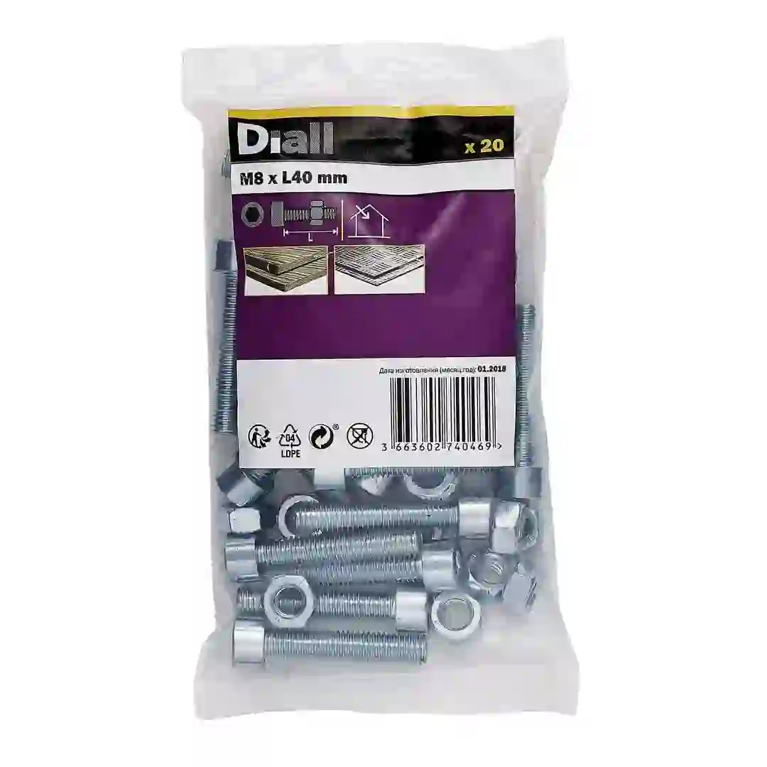 Diall M8 Cylindrical Carbon Steel Set Screw & Nut (40 mm, 20 Pc.)