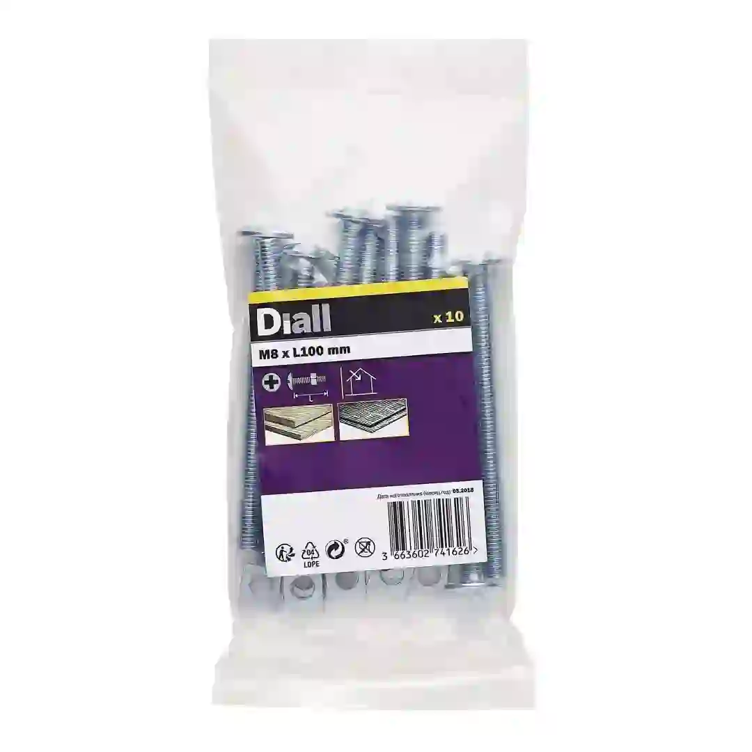 Diall Zinc-Plated Carbon Steel Roofing Square Nut & Bolt Pack (M8 x 100 mm, 10 Pc.)