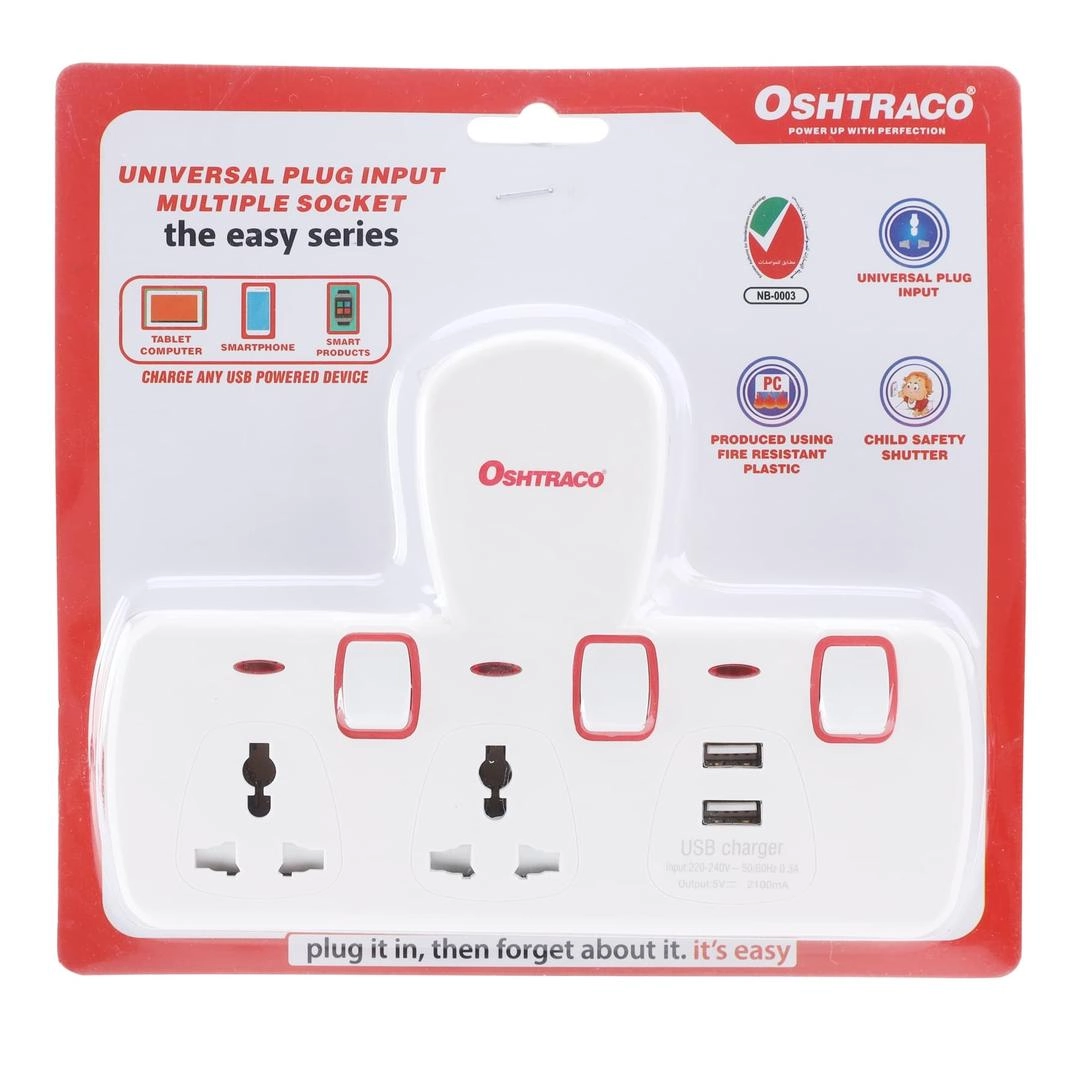 Oshtraco 2-Way T-Socket Plug W/ Dual USB Ports