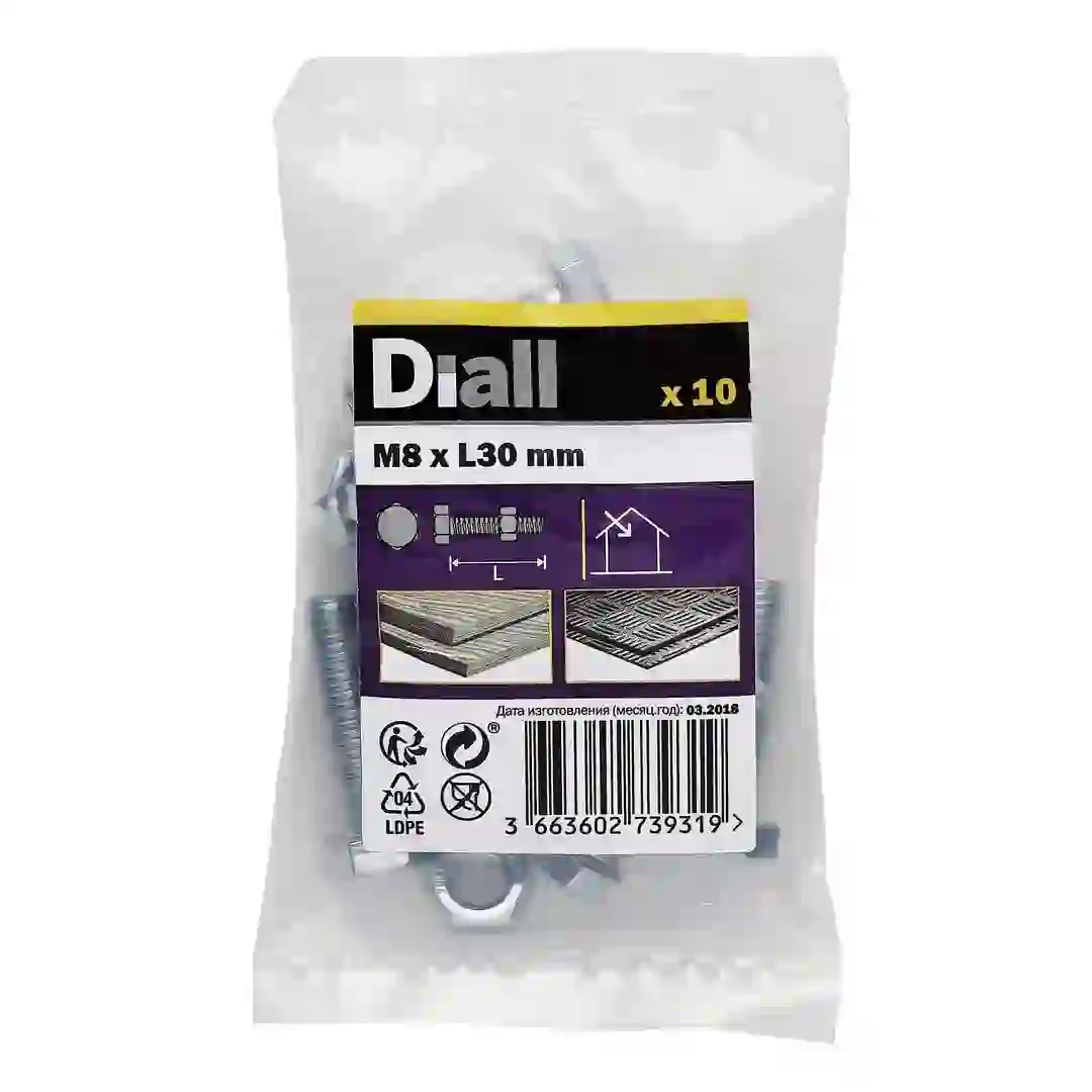 Diall Zinc-Plated Carbon Steel Hex Bolt & Nut Pack (M8 x 30 mm, 10 Pc.)