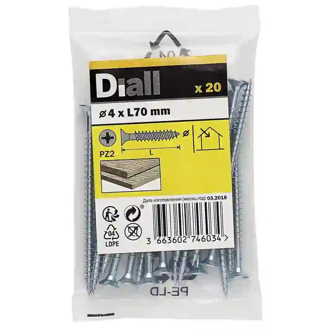 Diall Zinc-Plated Carbon Steel Wood Screw Pack (4 x 70 mm, 20 Pc.)