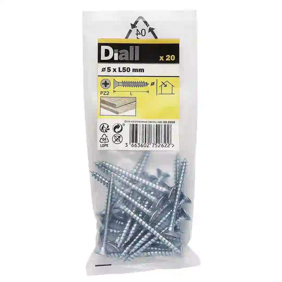 Diall Zinc-Plated Carbon Steel Wood Screw Pack (5 x 50 mm, 20 Pc.)
