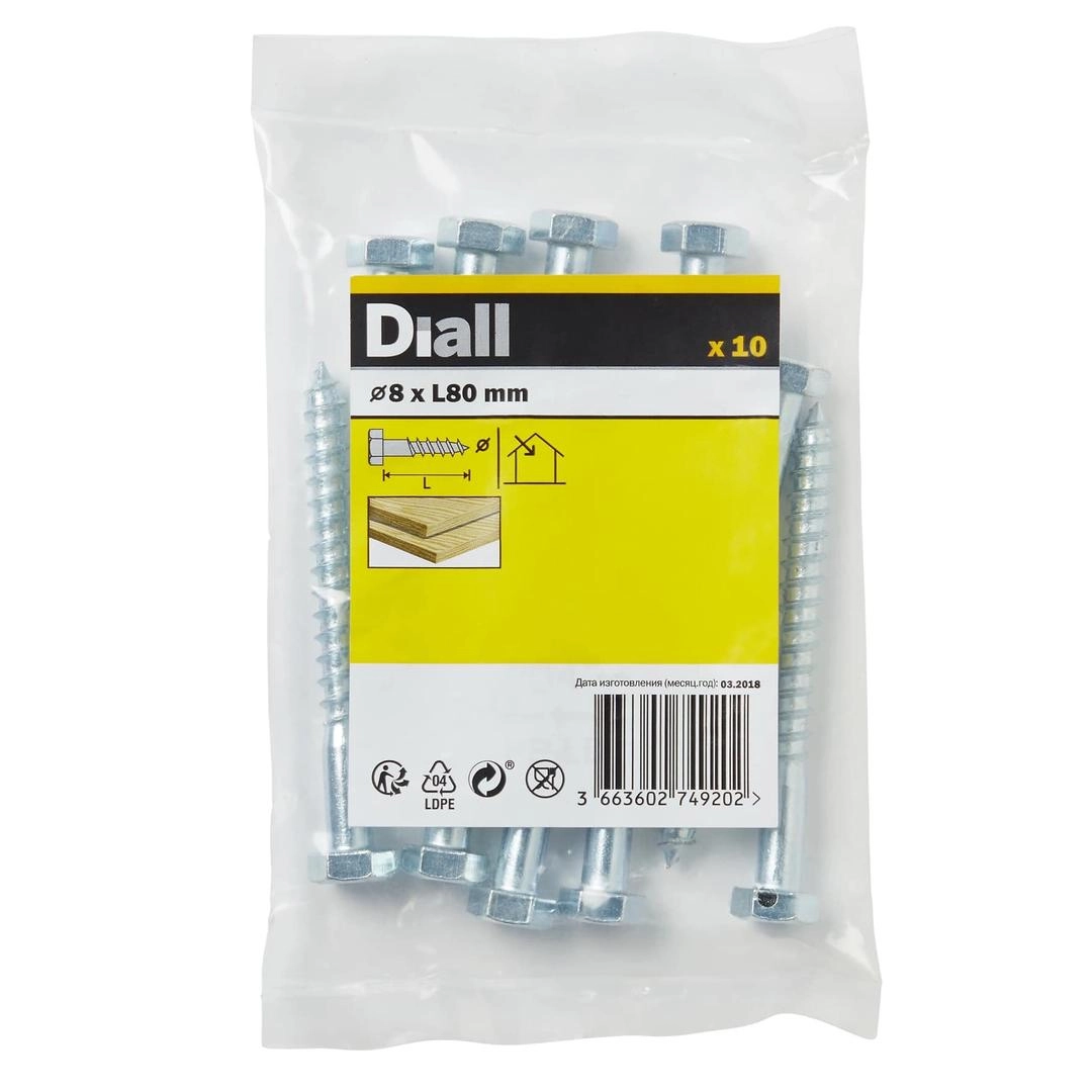 Diall Zinc-Plated Carbon Steel Hex Coach Screw Pack (8 x 80 mm, 10 Pc.)