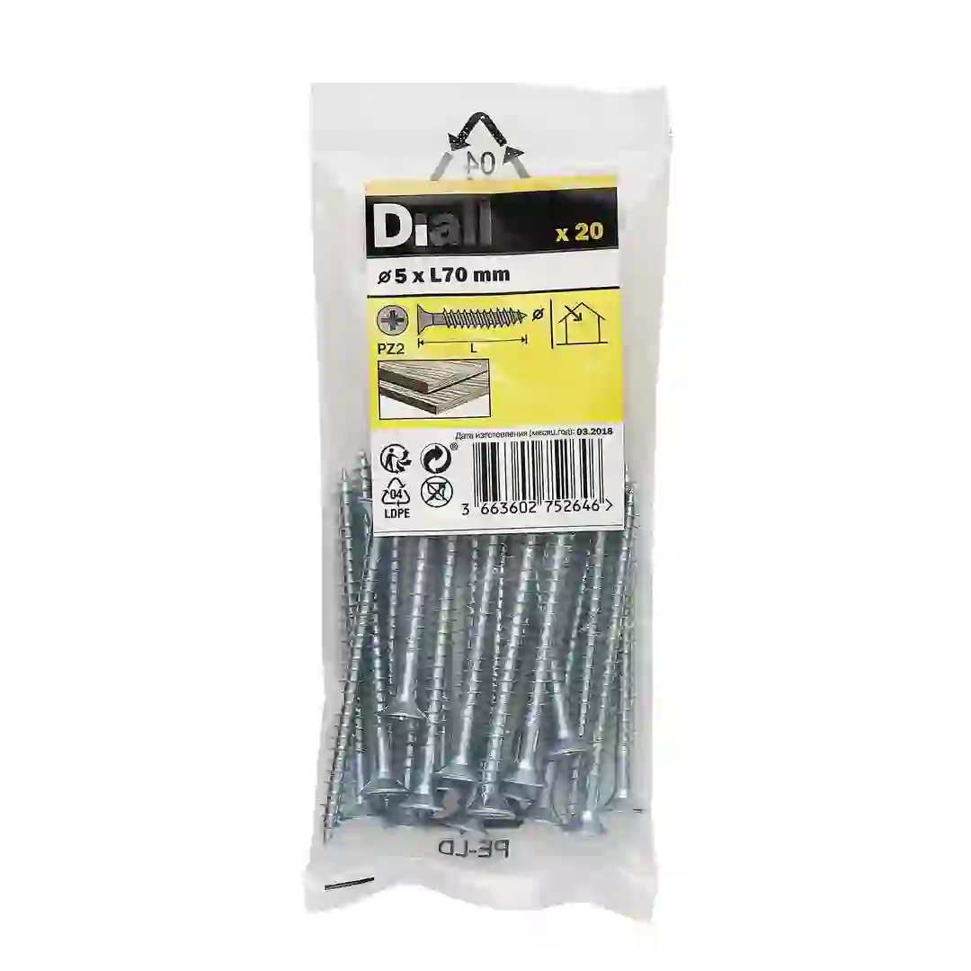 Diall Zinc-Plated Carbon Steel Wood Screw Pack (5 x 70 mm, 20 Pc.)