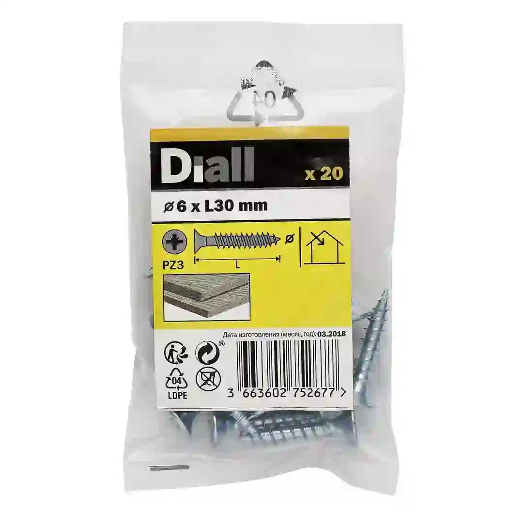 Diall Zinc-Plated Carbon Steel Wood Screw Pack (6 x 30 mm, 20 Pc.)