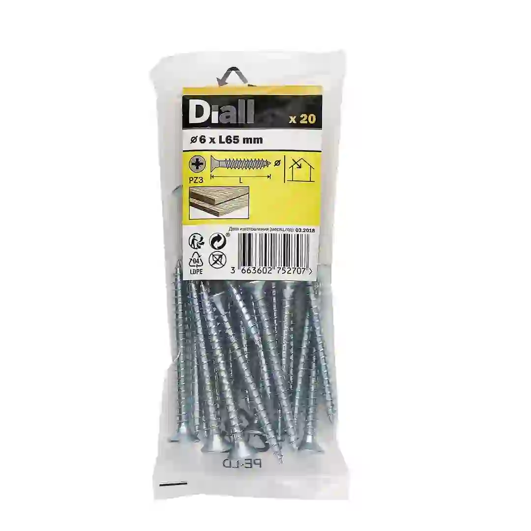 Diall Zinc-Plated Carbon Steel Wood Screw Pack (6 x 65 mm, 20 Pc.)