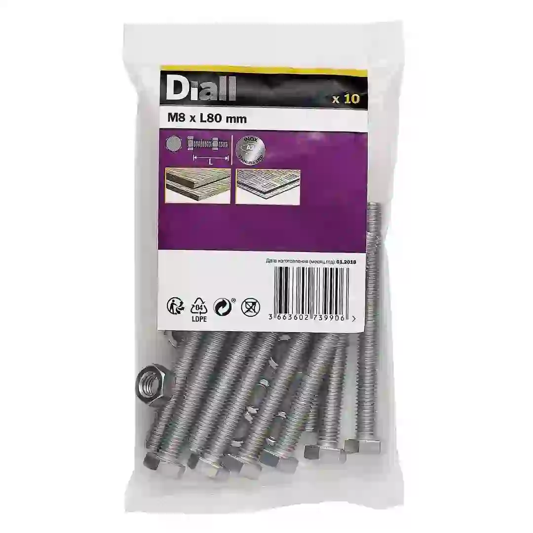 Diall Stainless Steel Hex Nut & Bolt Pack (M8 x 80 mm, 10 Pc.)