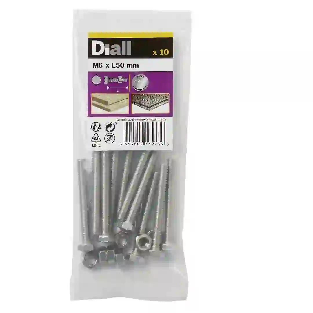 Diall Stainless Steel Hex Nut & Bolt Pack (M6 x 50 mm, 10 Pc.)