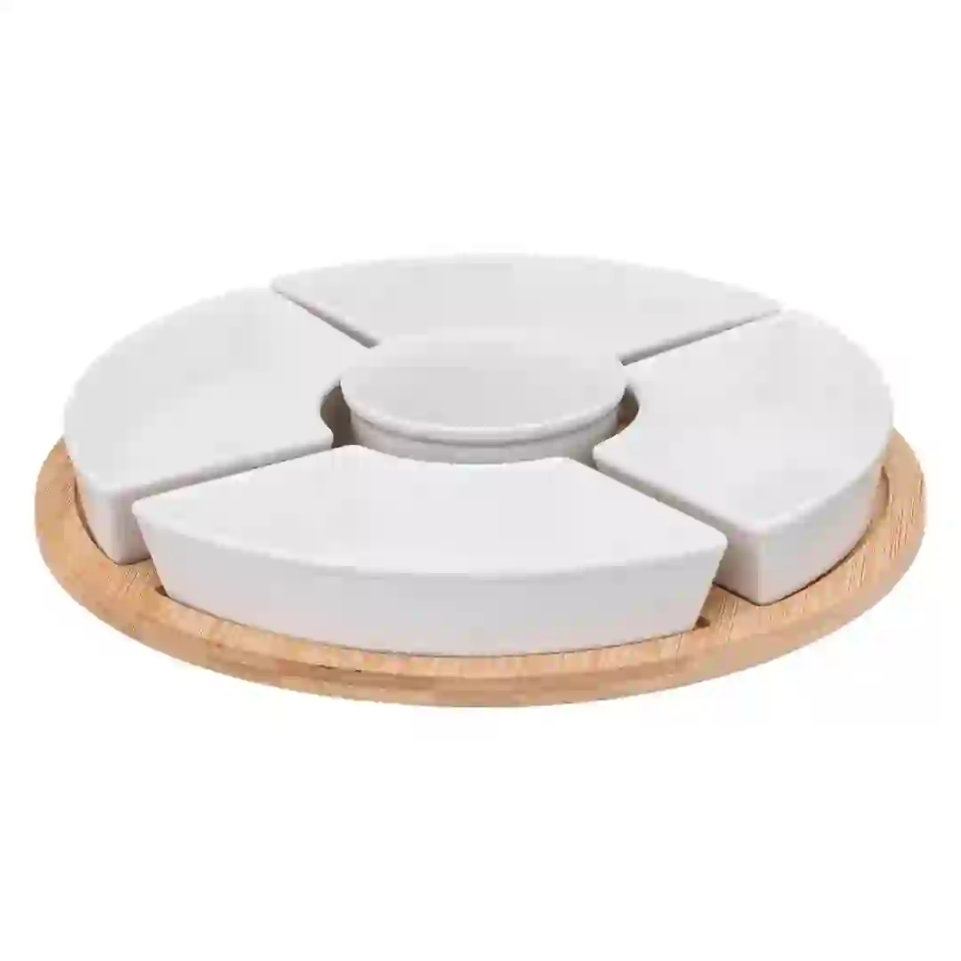 SG Round Bamboo & Porcelain Appetizer Serving Set (6 Pc.)