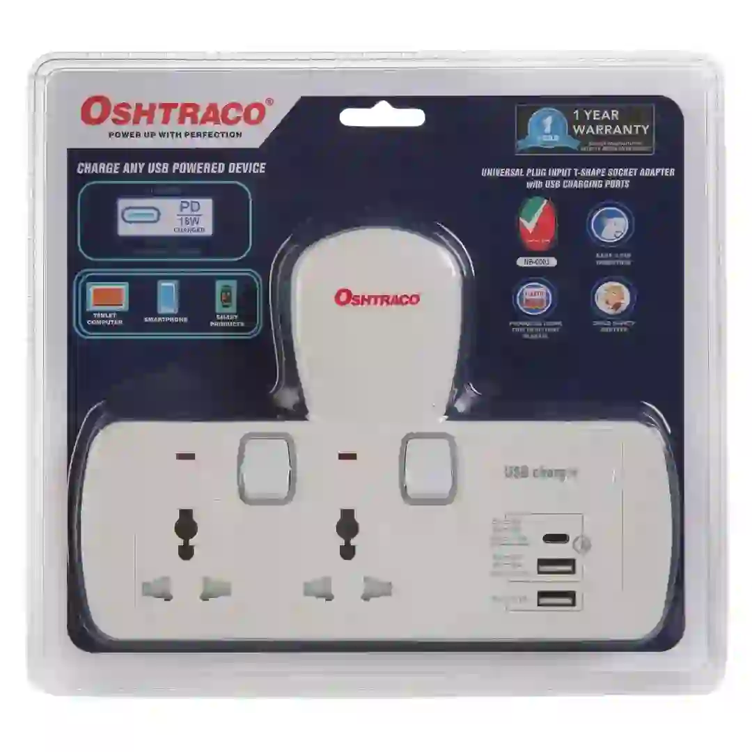 Oshtraco 2-Way Switched Universal T-Socket Adapter W/USB-C & USB-A Port (3250 W)
