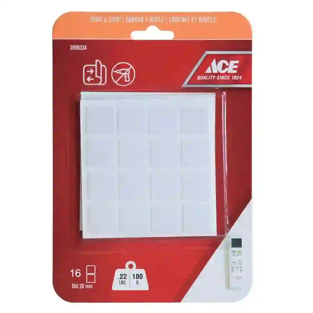 ACE Hook & Loop Mounting Squares (16 Pairs, 2 x 2 cm, White)